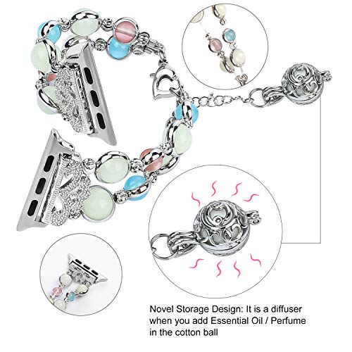 Tilon For Apple Watch Band 38Mm 40Mm Series 4/3/2/1, Adjustable Wristband Handmade Night Luminous Pearl Iwatch Bracelet With Essential Oil/Perfume Storage Pendant For Women/Girls(Silver) #TOP3