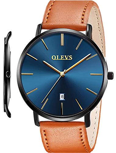 OLEVS Mens Ultra Thin Slim Minimalist Big Face Date Brown Leather Wrist Watches Gifts for Male Teens Waterproof Classic Casual Navy Blue Dial Black Bezel Gold Analog Quartz Watch with Retro Strap Band