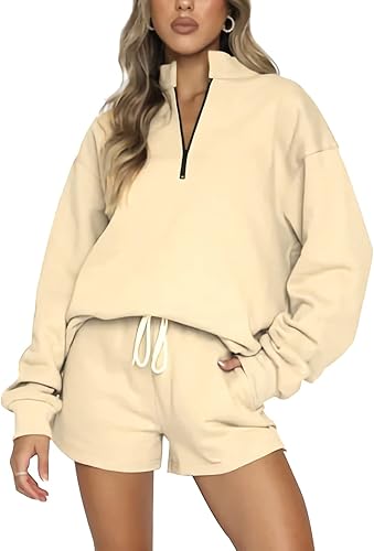 Kissonic Conjunto de 2 piezas para mujer, conjunto de chándal de gran tamaño, sudadera de manga larga de forro polar, pantalones cortos de pijama,