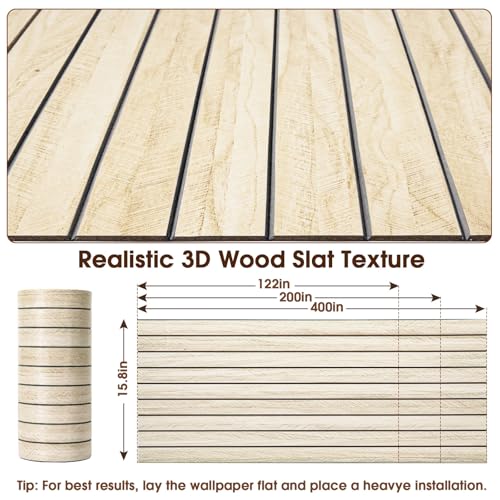 Image of 3D Peel and Stick Wall Panels PVC Grille Slat 197 inchx15.8 inch Self-Adhesive Wall Sticker Soundproof Paneling for Walls and Ceiling in Faux Herringbone Oak Texture