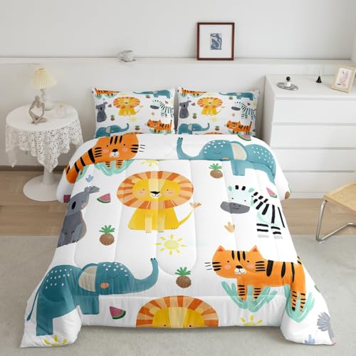 Image of Feelyou Kids Cartoon Lions Comforter Set Full Size, Zoo Animal Bedding Set Elephant Comforter for Kids Boys Girls Kawaii Duvet Insert Room Decor Microfiber Bed Set