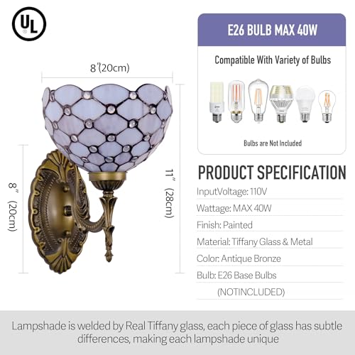Image of Tiffany Wall Sconce Hand-Weld Stained Glass Bedside Lamp with Classic 8 Inches Lampshade for Bedroom Hallway Living Room Home Office (Gray White)