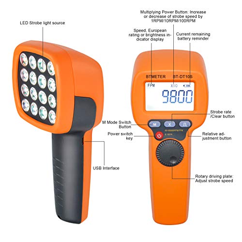 Image of BTMETER Handheld Stroboscope 60-99,999 RPM Strobe Light Tachometer BT-DT10S | Non Contact Motor Engine Speed Analyzer Measure Hz /Velocity (Adjustable), LED RPM Gauge with Accuracy 0.001%, Data Storage