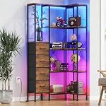 AFLUI Corner Bookshelf avec LED Bandes lumineuses & 4 Tiroirs de tissus, 5-Tier Table d'angle convertible avec plateau d'affichage, Grande bibliothèque industrielle en bois pour salon, Chambre, Bureau à la maison, Rustique Brown
