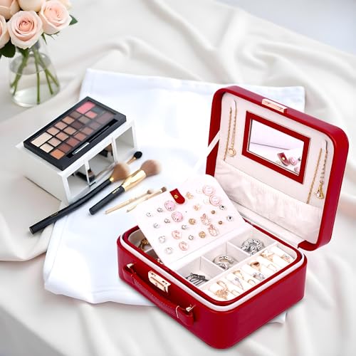 Image of BucketList PU Leather Jewellery Organizer Box with Mirror & Necklace Hooks | Large Multi-Compartment Jewelry Storage Case with Removable Tray & Mini Travel Box (Luxury Jewelry Box with Mirror (Red))