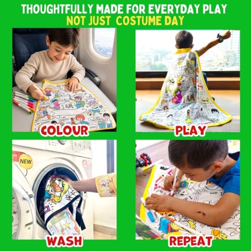 Image of PepPlay Affirmation Cape Coloring Kit - Positive Affirmations Cotton Cape + Eye Mask + 6 Washable Markers | Personalised Confidence Building Pretend Play | Reusable Birthday Gift for Boys Girls Age 4-8