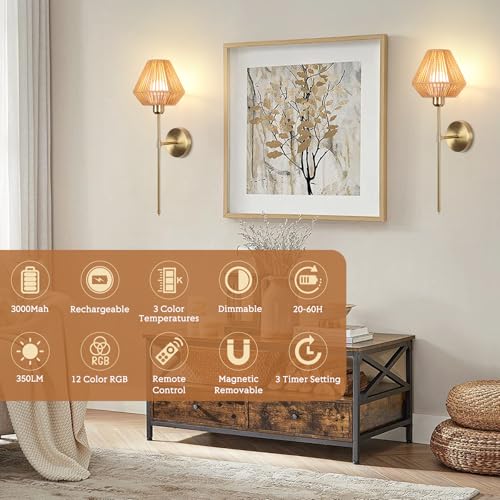 Image of Battery Operated Wall Sconce Set of 2, Rattan Rechargeable Wall Light Dimmable with Remote Control, 15 Color Changing and Timer, Boho Wireless Battery Operated Wall lamps for Bedroom, living room