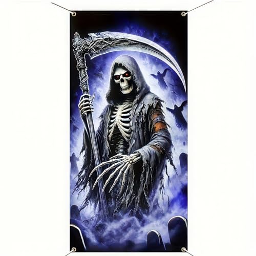 Image of BlissYard Halloween Grim Reaper Door Cover 70x35 Inch Polyester | Entry Banner, Wall Backdrop | Grim Reaper Door Decor, Indoor Party Scene | Porch, Hallway, Photo Area (Night Art)