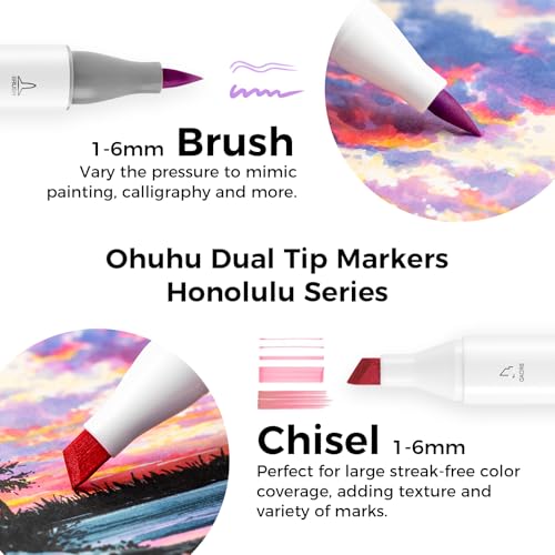 Image of Ohuhu Alcohol Markers Brush Tip- 104-Color Double Tipped Alcohol Based Art Marker Set For Artists Adults Coloring Illustration- Honolulu Of Markers- Dual Tip Brush & Chisel- Refillable, Multicolor