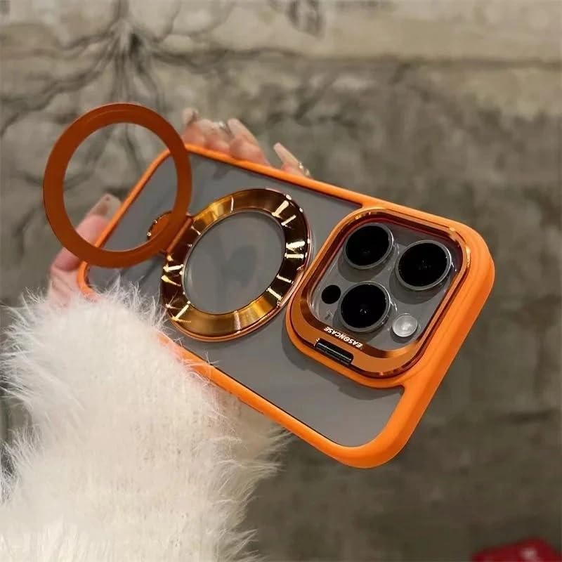 Image of LuxuryKase Magnetic Clear Case for iPhone 14 Pro | Metal Ring Stand | Camera Lens Protector Rings | Shockproof Hard PC Back | MagSafe Compatible | TPU Bumper - Orange