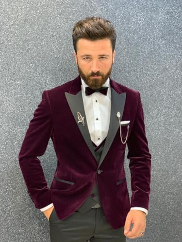Tuxedo for Men 3 Piece One Button Blazer Double Breasted Vest Men Slim Fit Wedding Velvet Suit for Men Wedding with Tie4