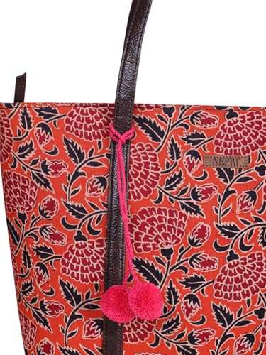 Image of NEPRI Oversized Office Tote Bag | Stylish Tote Bags | Purse for Women | Vegan Leather & Hanblock Printed Fabric Handbag with Double Handle Shoulder Strap| Daily & Travel Use