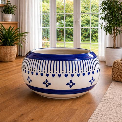 Image of Niyara Large Ball Shape Ceramic Planter Pot with Blue Floral Print | Decorative Indoor & Outdoor Plant Pot (Set of 1)