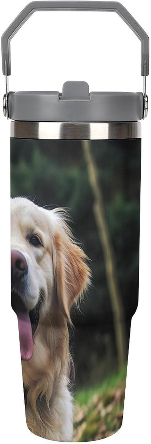 30oz Insulated Tumblers with Top Handle, Stainless Steel Funny Golden Retriever Car Cup with Straw for Gift, Leak-Proof Double Wall Vacuum Travel Mug, Personalized Water Bottles White