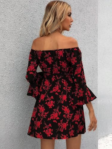Image of Off Shoulder Ruffle Dress for Women, A-Line Mini Dress with Belt, Fitted Bust Summer Wedding Guest Dress