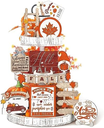 Huwena 16 Pcs Thanksgiving Fall Tiered Tray Decor Autumn Gnome Tr...