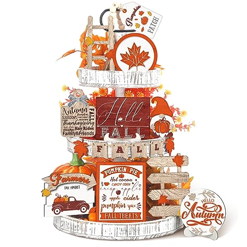 Huwena 16 Pcs Fall Tiered Tray Decor Thanksgiving Autumn Gnome Tr...