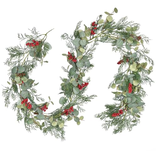 Artiflr Red Berry Christmas Garland, Artificail Pine Garland with Berries