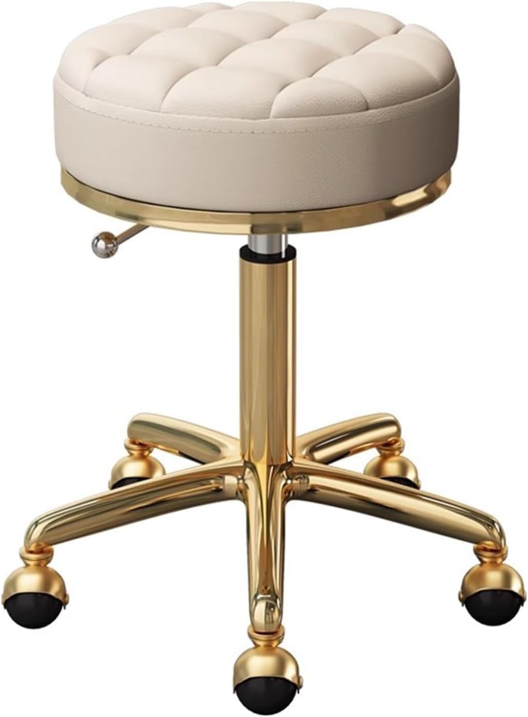 Hocker Für Das Homeoffice, Rund, Rollbar, Kosmetikhocker Auf Rollen, Verstellbarer, Drehbarer Massagestuhl Für Zeichen- Und Spa-Salon Mit Sitz Aus PU-Leder Und Goldenem Edelstahlrahmen,Beige