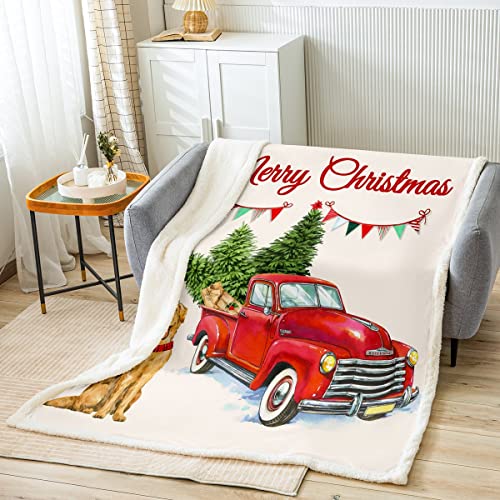Merry Christmas Throw Blanket Rustic Red Truck With Xmas Trees Gifts Fleece Blanket Cute Puppy Dog With Santa Claus Hat Blanket For Kids Boys Girls,Kawaii Xmas Holiday Bedroom Decor,Queen #TOP1