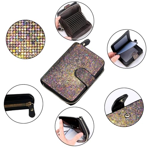 Small Wallet Women Bling Rhinestone RFID Blocking Bifold Compact Card Holder Wallet for Women with Zipper Credit Card holder (Colored diamond)4