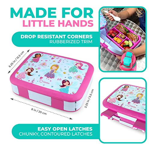 Image of kinsho Bento Lunch Box for Kids Toddlers Girls, 5 Portion Sections Secure Lid, Microwave Safe BPA Free Removable Tray, Pre-School Kid Daycare Lunches Snack Container Ages 3 to 5, Pink Fairy Princess