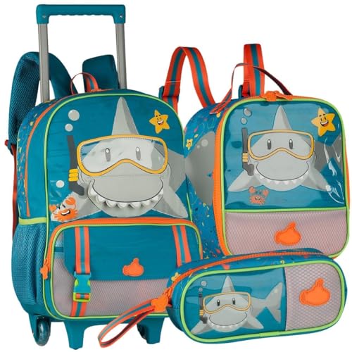 Kit Escolar Infantil Completo com Mochila de Rodinhas, Lancheira Térmica, Estojo, Design Tubarão Interativo, Material Resistente, Alças Acolchoadas (Kit Escolar Tubarão Infantil)