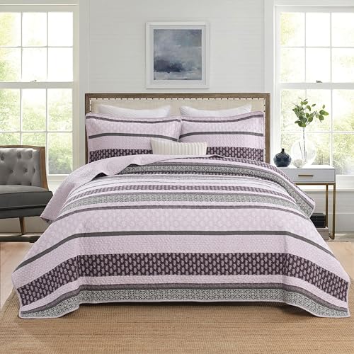 Homzard Quilts Queen Size, Cotton Comforter Set, Purple and Grey Queen Bed Set,Lightweight Striped Bedding, Farmhouse Bedspread All Season 3 Pieces