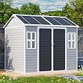 8x6 FT Resin Storage Sheds with Floor Waterproof Outdoor Shed Kit, Outside Plastic Sheds with 2 Windows for Backyard Garden Patio Lawn Tools