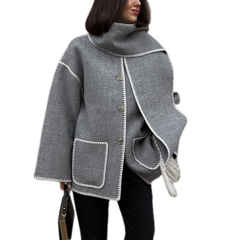 Womens Wide Sleeved Cardigan Jacket Scarf Decoration Button Woolen Jacket Autumn and Winter