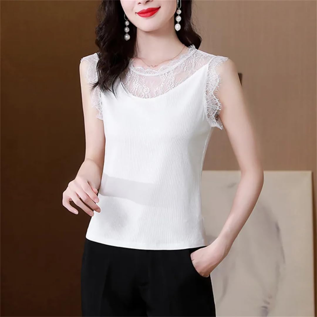 Top corto da donna estivo in pizzo con scollo a O senza maniche