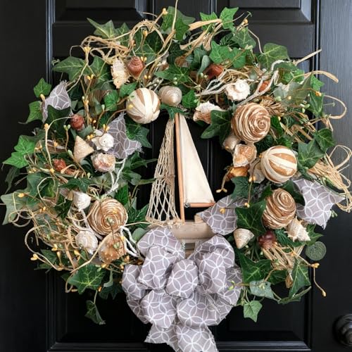 Egolot 22 Inch Spring Summer Coastal Seashell Wreath for Front Door All Seasons Seashell Wreath with Greenery and Wood Ship Wheel for Indoor Outdoor Decor