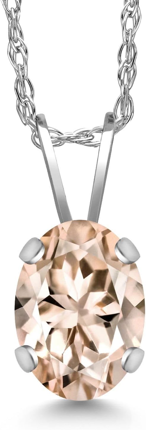 Gem Stone King 0.65 Ct Oval Peach Morganite 14K White Gold Pendant with Chain