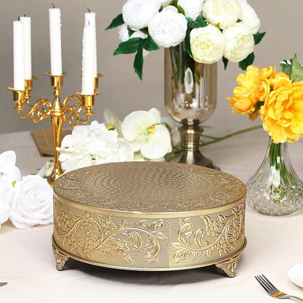 TABLECLOTHSFACTORY GOLD Round Embossed Metal Cake Plateau Stand Riser Wedding Dessert Display Plate
