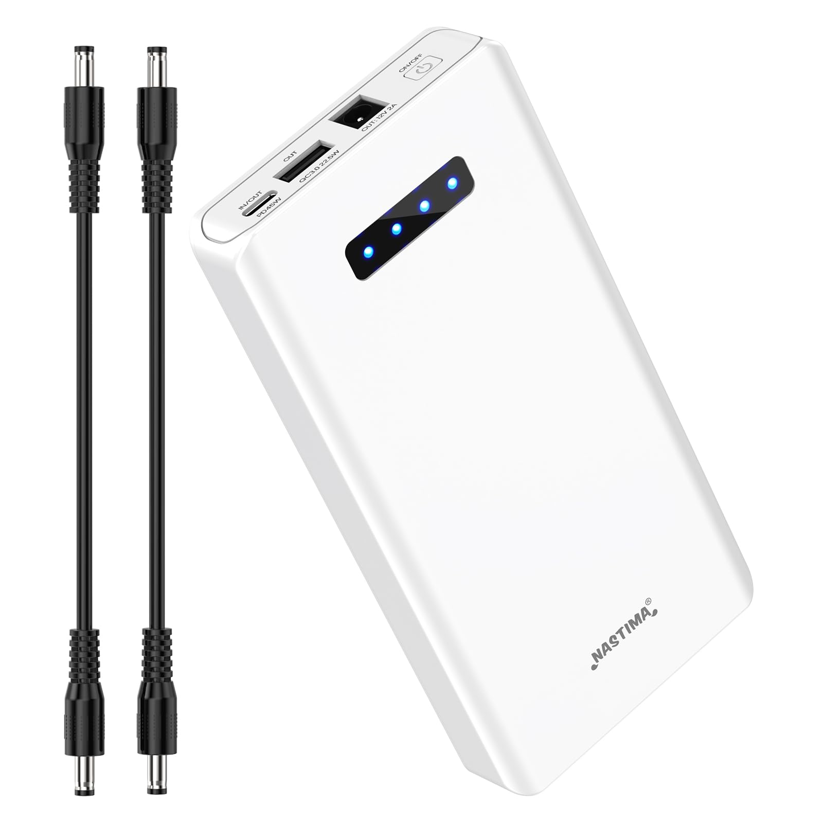 Top view of NASTIMA 12V 5200mAh Power Bank showing ports and indicators
