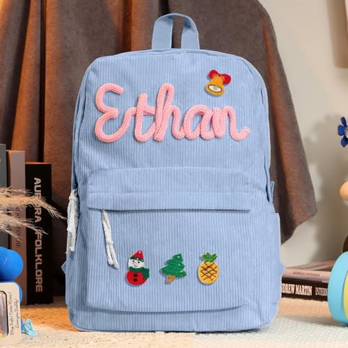 Personalized Backpack Custom Corduroy Bookbag with Cotton Rope Embroidery Name Gifts for Unisex Birthday/Christmas Gift Custom Bookbag Travel Camping Casual Bag3