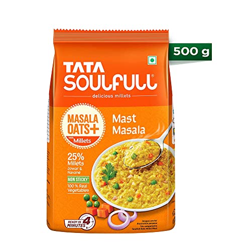 Image of Tata Soulfull Masala Oats+ With Millets, Mast Masala, 500g, Real Vegetables, 25% Millets, Non Sticky , Evening Snack, Healthy Snack