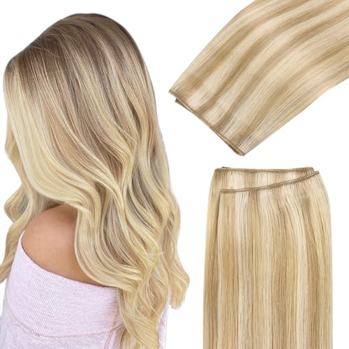 Image of GOO GOO Sew in Hair Extensions Real Human Hair, Weft Hair Extensions Human Hair, 18A /613A Dark Blonde Highlighted Bleach Blonde 20inch 130g, Weft Bundles Straight Silky Remy Hair