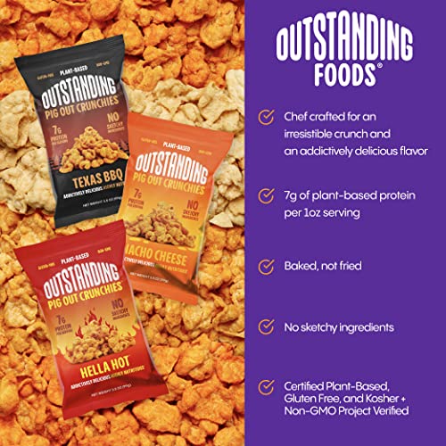 Outstanding Foods Pig Out Crunchies Plant-Based Protein Snacks - Variety Pack: Texas Bbq, Nacho Cheese, Hella Hot - Baked Not Fried - No Gluten, No Soy, No Trans Fat, Non-Gmo - 3.5 Oz, 3 Pack #TOP3