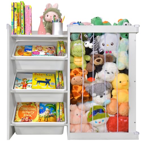 Kids Bookshelf and Toy Storage, 3 Tier Wooden Toy and Book Storage for Kids, Toy Organizers and Storage with Stuffed Animal Storage, Kids Toy Storage Organizer Book Rack for Kids Bedroom, Playroom