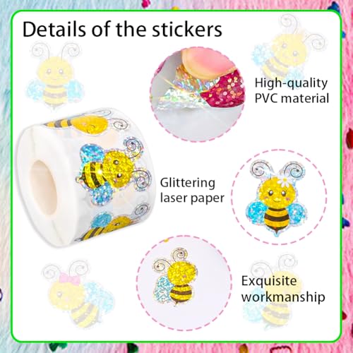 Image of 500Pcs Summer Bee Stickers Roll 1.5in Large Glitter Bumble Bee Seal Stickers 5 Designs Cartoon Animal Waterproof Classroom Reward Decals for Spring Bottle Scrapbook Journal Decor