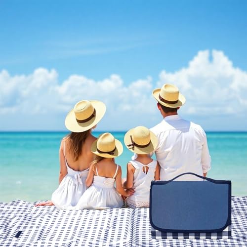 oubasang Picknickdecke wasserdicht stranddecke picknickdecke groß Faltbare Outdoor-Wanderdecke wasserdichter Boden mit Griff Blau kariert picknickdecke 200x200 für Wandern Reisen Outdoor Camping Parks