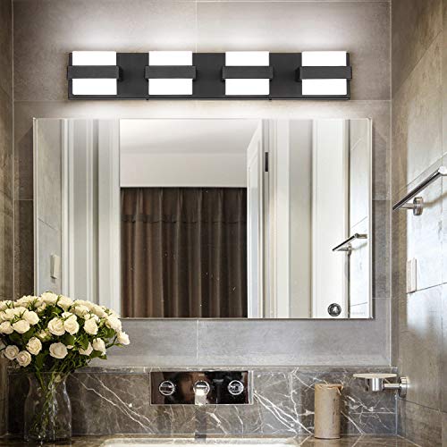 Image of SOLFART 4 Lights Black Vanity Light Fixtures Modern LED Bathroom Light Black Bathroom Lighting Fixtures for Mirror 27 inch White Lights Non Dimmable