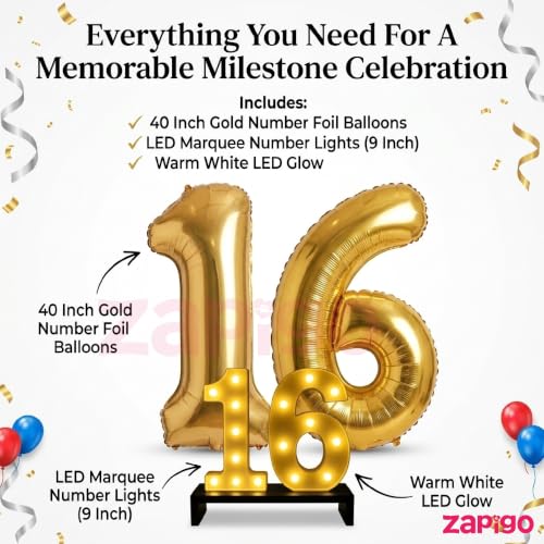 Image of Balloonistics Gold 40-Inch Foil Number 20 Balloon with Matching LED Marquee Light - Combo Set for 20th Birthday, Anniversary, Party Decoration, Photo Booth Backdrop, Cake Table Decor
