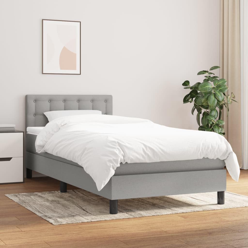Cama con somier con colchón de 90 x 200 cm en gris claro de tejido resistente y soporte de dureza media para un sueño reparador