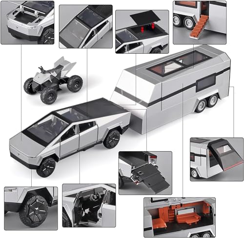 Image of Tesla Cybertruck Diecast Car 1:32 Scale | Metal Alloy Off-Road Truck with Pickup Trailer, Sound & Light | Toy Car Model for Kids (【Colors as Per Stock】【Random Color】