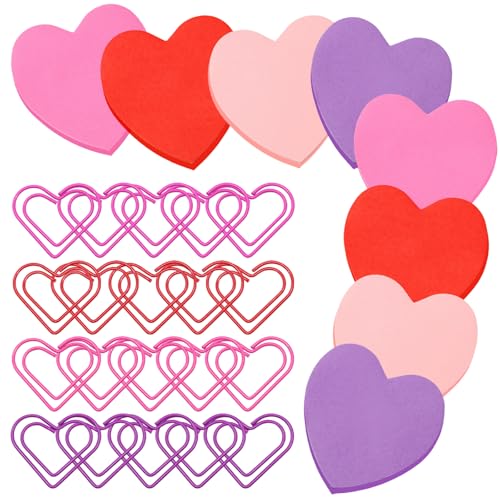 600 Sheets Heart Post It Notes 70x70mm 4 Colors Heart Shape Sticky Notes with 20 Heart Paper Clips Party Bag Fillers for Kids Back to School Cute Stationary for Girls Office Home School Meeting Party