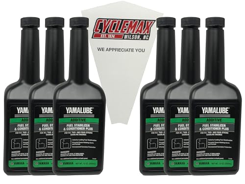 CYCLEMAX Six Pack Compatible with Yamaha Yamalube Fuel Stabilizer & Conditioner Plus ACC-FSTAB-PL-12 Contains Six 12oz Bottles and a Funnel