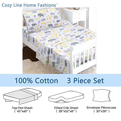 Image of 100 Cotton 3 Piece Toddler Sheet Set, Soft Breathable Crib Bedding Set for Boys Includes a Flat Sheet, a Fitted Sheet, a Pillowcase, Safari Fun Animals Elephant Giraffe Hippo Grey