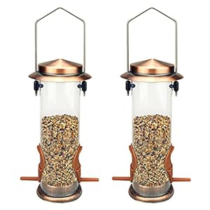 Urban Deco Vogelfutterspender mit 2 Futteröffnungen, Vogelfutterhaus mit 21,5 cm Massivem Transparentrohr, Metall Futterhaus für Vögel (Kupfer-2PK)